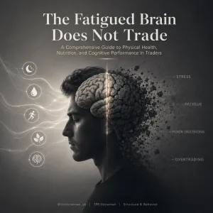 A conceptual illustration about the relationship between trader health, sleep, nutrition, stress, fatigue, and cognitive performance in financial trading.