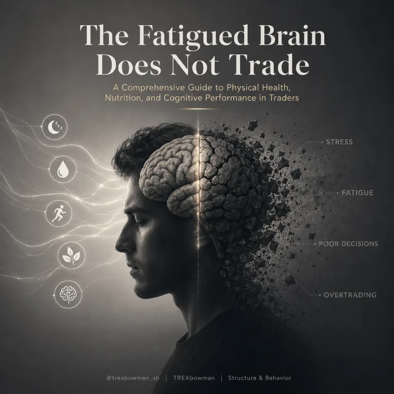 A conceptual illustration about the relationship between trader health, sleep, nutrition, stress, fatigue, and cognitive performance in financial trading.