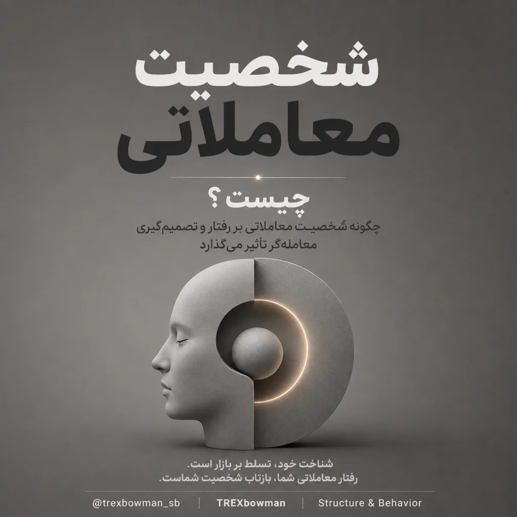 شخصیت معاملاتی و تأثیر آن بر رفتار و تصمیم‌گیری معامله‌گر، با طراحی مفهومی مینیمال در طیف خاکستری و تصویر انتزاعی ذهن انسان.
