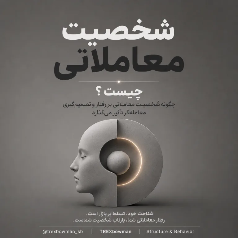 شخصیت معاملاتی و تأثیر آن بر رفتار و تصمیمگیری معاملهگر، با طراحی مفهومی مینیمال در طیف خاکستری و تصویر انتزاعی ذهن انسان.