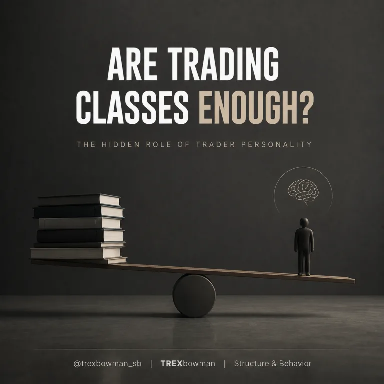 Minimalist conceptual poster illustrating the hidden role of trader personality beyond trading education, showing the balance between trading knowledge and psychological factors | TREXbowman Structure & Behavior
